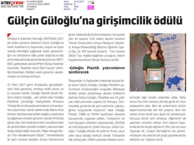 Gülçin Güloğlu Antalya İş Kadınları Derneği Girişimcilik Ödülü